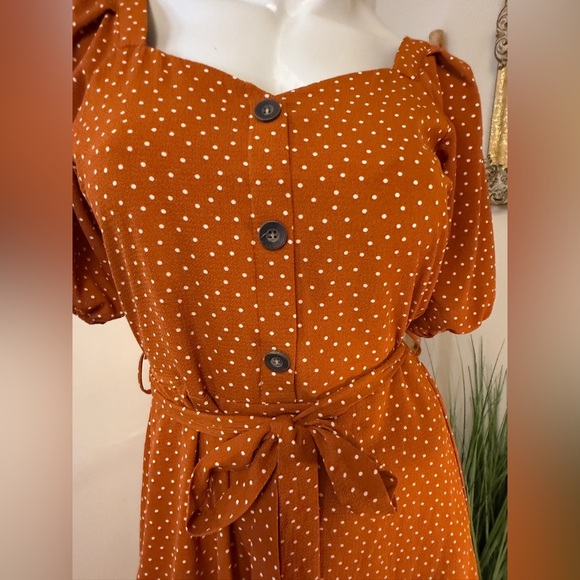 Monteau Sz Medium Button polka dot Midi Dress Boho burnt orange/brown rust - Picture 2 of 6